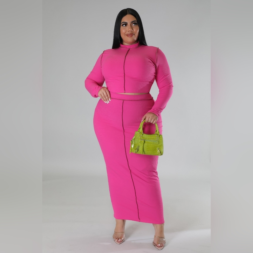 Plus-Size Pink Two-Piece High-Waist Pencil Skirt Set